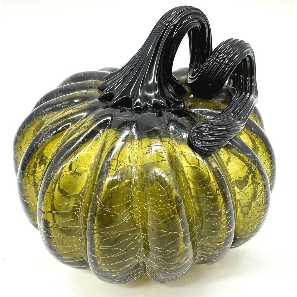 Hand Blown Crackle Glass Pumpkin Olive Green Black Stem Autumn Decor 5.5 Inch
